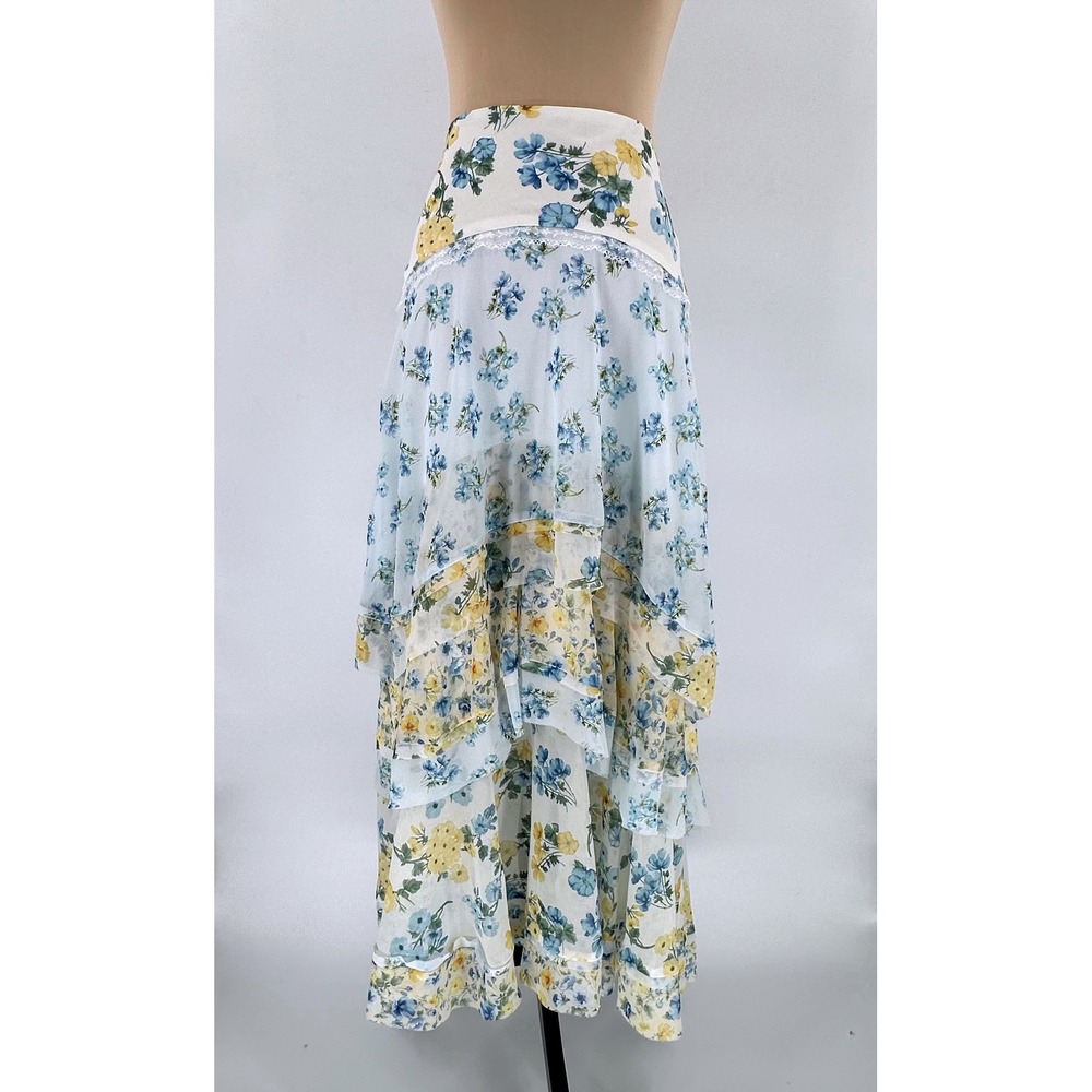 Altar'd State Belci D112 Blue Yellow Floral Tiered Ruffle Maxi Skirt Size M NWT
